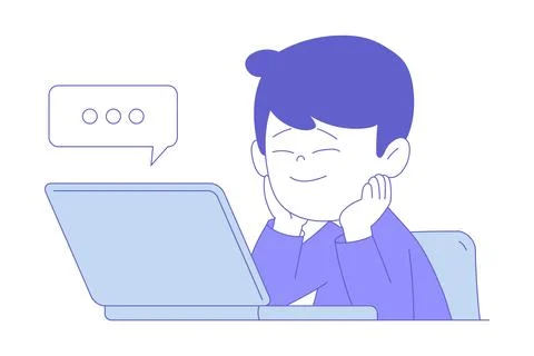 Boy First Grader Sitting at Desk in Front of Laptop Having Online Lesson Vector 스톡 일러스트