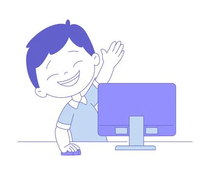 Boy First Grader Sitting at Desk in Front of Computer Having Online Lesson Stock Illustration