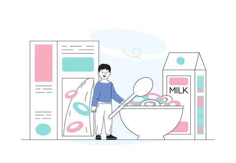 Boy with flakes. Young guy with spoon stands near huge bowl of cereal. Healthy Stock Illustration