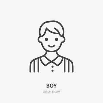 Boy flat line icon. Vector outline illustration of school kid. Black color thin Stock Illustration
