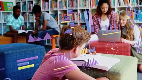 Boy flipping book pages, causing school data charts and meters swirling over Stock Footage 333336687