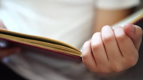 Boy flipping through a book holding it in his hands. close-up Stock Footage 306355536