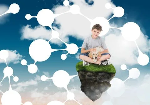 Boy on floating rock platform  in sky holding dog with connectors interface Stock Photos