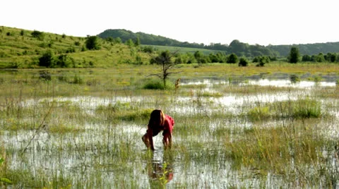 Boy on a flooded meadow, swamp boy explores Stock Footage 24888889