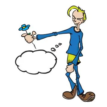 Boy with flower and thought bubble Stock Illustration