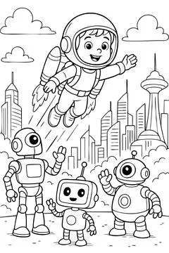 Boy flying with jetpack above city and waving to friendly robots coloring page Stock Illustration