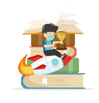 Boy on a Flying rocket  with book of Stacks Illustrazione stock