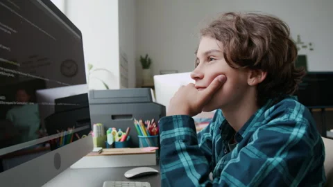 Boy Focusing on his Coding Assignment, Working on Computer During IT class Stock Footage 317983885