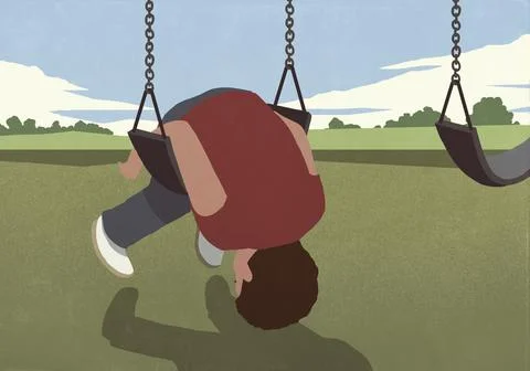 Boy folded over swing on playground Ilustração Stock