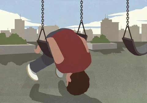 Boy folded over swing on playground in urban park Ilustração Stock