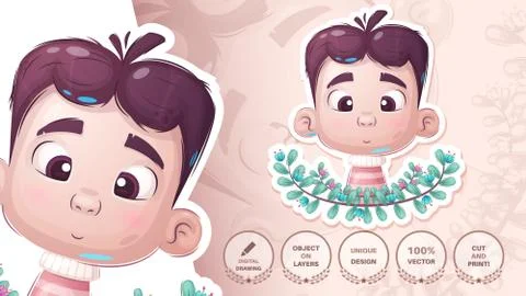 Boy in forest - cute sticker Stock Illustration