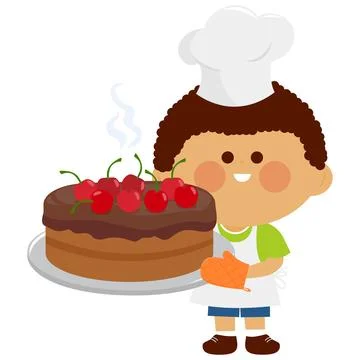 Boy with freshly baked cherry cake. Vector illustration Stock Illustration