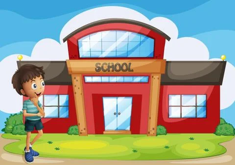 A boy in front of the school building Ilustración de archivo