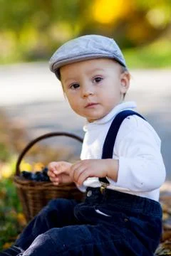 Boy with a fruit basket in the park Stock Photos
