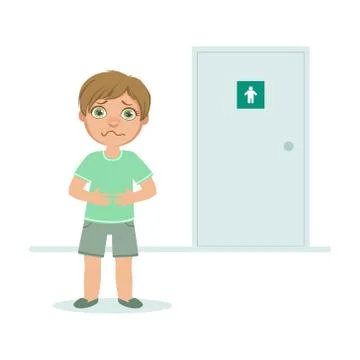 Boy with Full Bladder Wanting to Pee, Kid Standing in Front of WC Door Vector Illustrazione stock