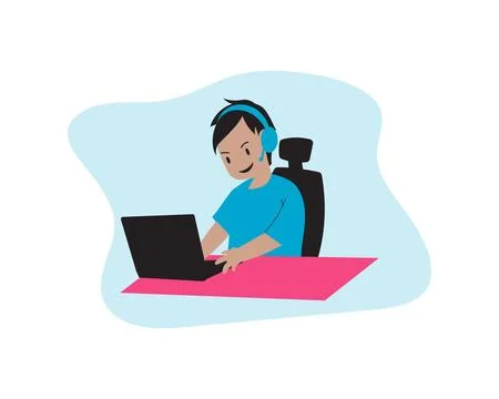 A Boy gaming on Laptop Flat vector Illustration element graphic Illustrazione stock