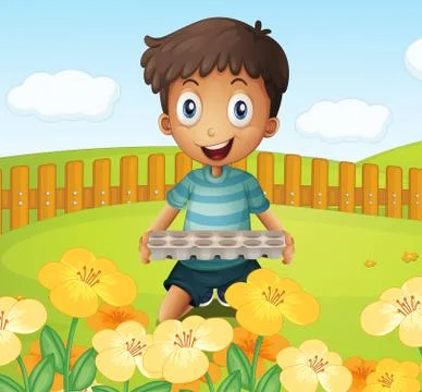 A boy in the garden holding an empty egg tray Stock Illustration