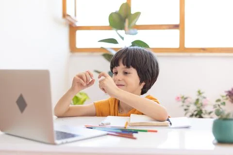 A boy gesturing with his hands during an online lesson. Online distance learn Stock Photos