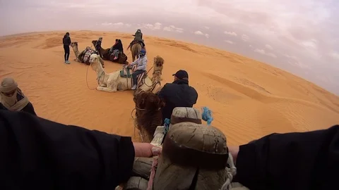 Boy getting off the dromedary, Camel riding in the desert Stock Footage 108753910