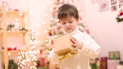 A boy with a gift under the Christmas tree. Festive mood. A gift for the new Stock Footage 165237942