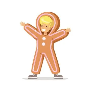 Boy In Ginger Bread Man Outfit Dressed As Winter Holidays Symbol For The Costume Illustrazione stock