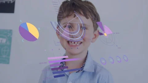 Boy giving thumbs-up causing animated pie charts sliding over face, focusing, Stock Footage 334368618