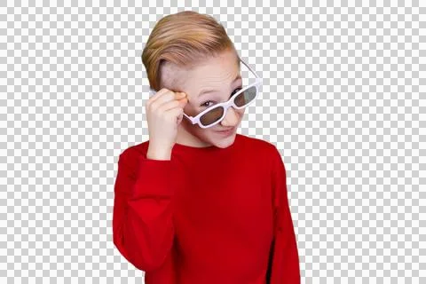 Boy in glasses and a red jacket on a transparent background Stock Photos