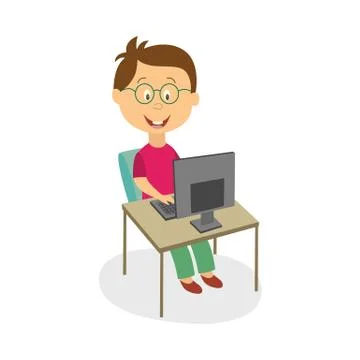Boy in glasses studying, playing on computer Illustrazione stock