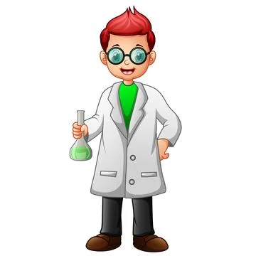 Boy with glasses in white Lab coat and holding flask solvent Stock Illustration