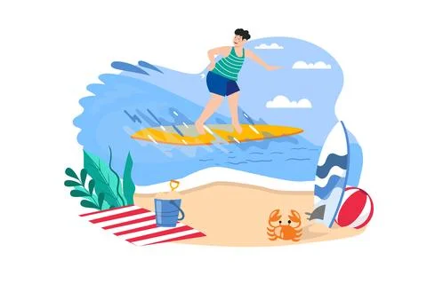 Boy going surfing at the beach Stock Illustration