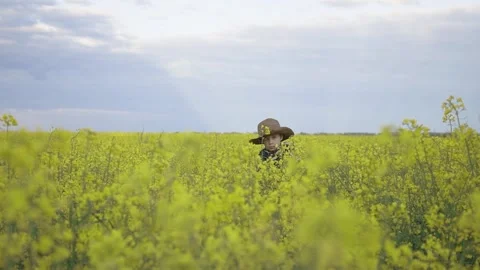 Boy is going through yellow field of canola Stock Footage 130242704