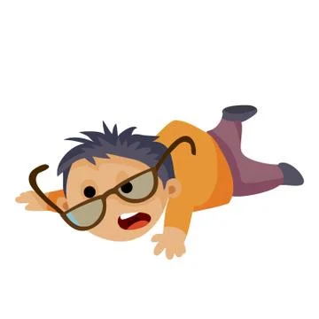 The boy got scared, he tried hard to run away and fell, his glasses fell off his Stock Illustration