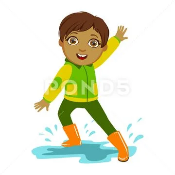 Boy In Green And Yellow Jacket, Kid In Autumn Clothes In Fall Season Enjoyingn Stock Illustration
