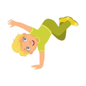 Boy In Green Dancing Breakdance Performing On Stage, School Showcase Participant Illustrazione stock