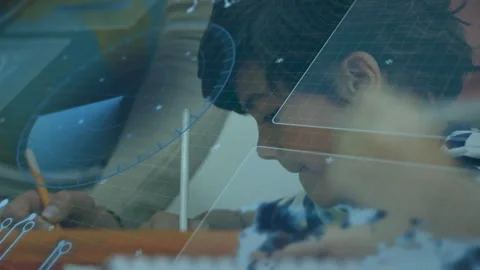 Boy guided by parent hand writing while fading digital grids and code Stock Footage 310282253
