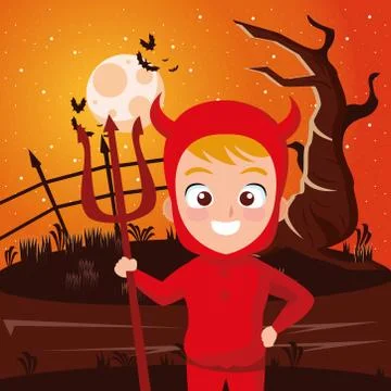 Boy with halloween devil costume in front tree at night vector design Illustrazione stock