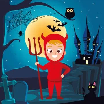 Boy with halloween devil costume in front house at night vector design Stockillustratie