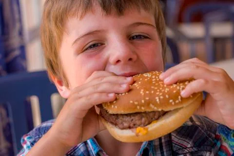 Boy with hamburger Stock Photos