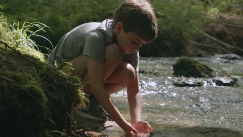 Boy Hands Touching River Flow. Child crouching by sparkling creek, touching.. Stock Footage 330802355
