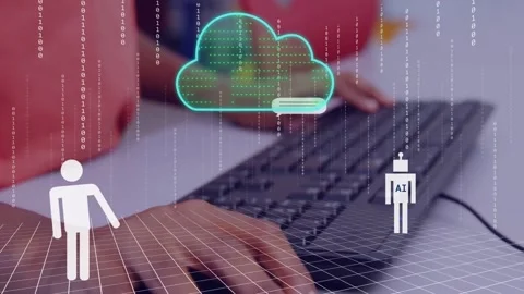 Boy hands typing keys, bringing cloud and AI robot while bits linking person Stock Footage 334703577