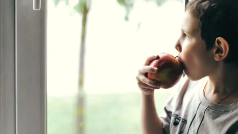 A boy happily eats a crisp, red apple and watching window Stock Footage 308643325
