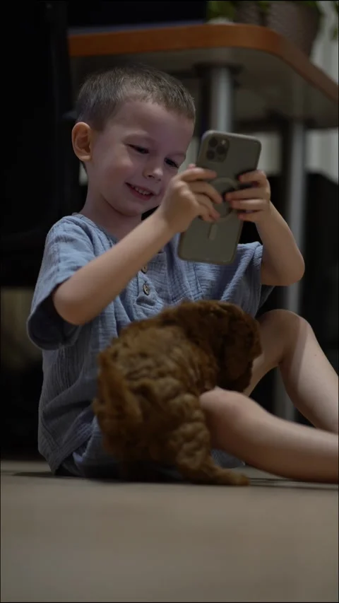 Boy is happily smiling and looking at his smartphone while sitting on the floor  Stock Footage 338417143