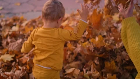 The boy happily throws leaves into the air, his laughter echoing through the par 스톡 동영상 265433273