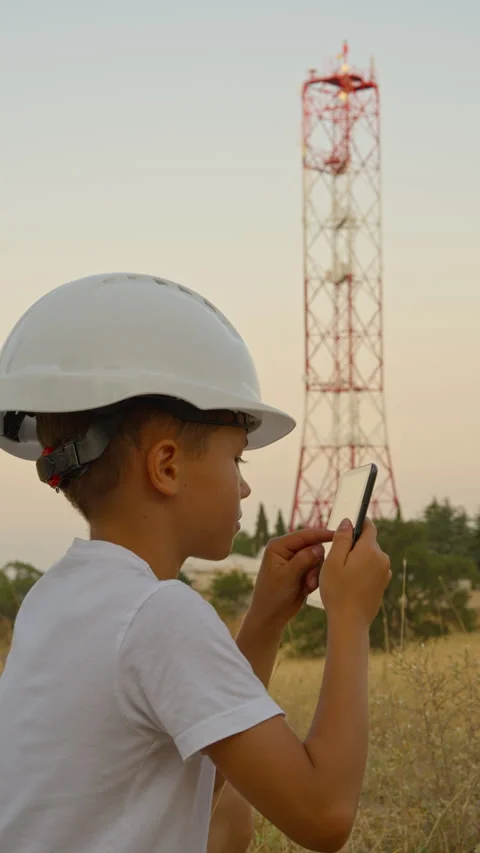 Boy in Hard Hat Using Tablet, Back View, Near Communication Tower Stock Footage 314105046