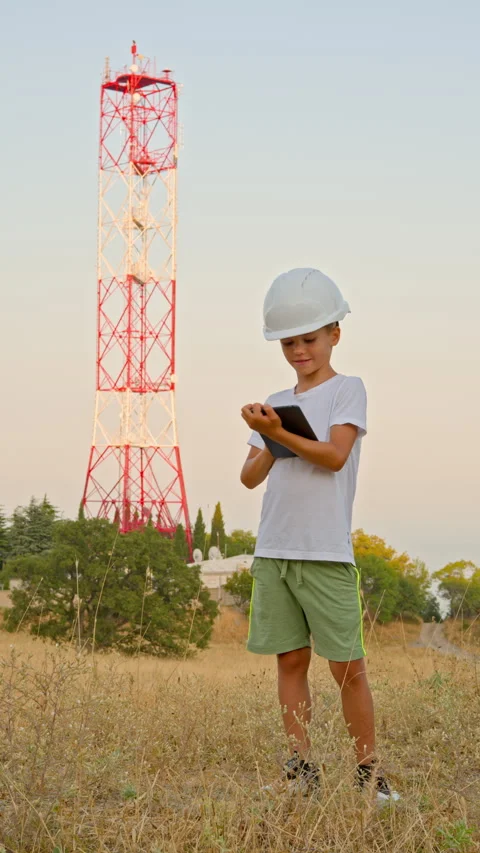 Boy in Hard Hat Using Tablet Near Tower Stock Footage 316899466
