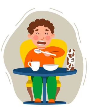 The boy has breakfast or lunch. The time of eating. The child eats porridge and Stock Illustration