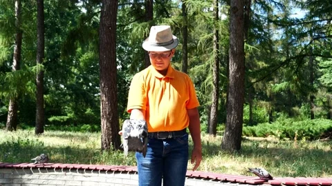 A boy in a hat and an orange T-shirt feeds a pigeon Stock Footage 195236186