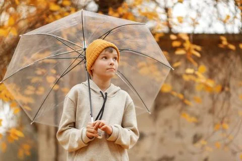 Boy in a hat with a transparent umbrella Stock Photos