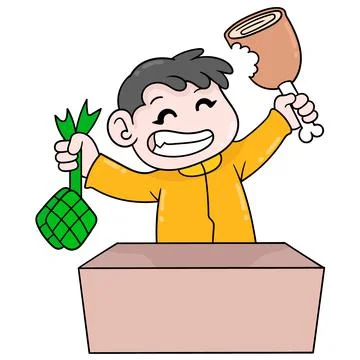 Boy is having fun celebrating the feast of eating big meat, doodle icon image Illustrazione stock