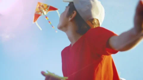 Boy Having Fun Flying Colored Kite on a Sunny Day. The Little Kid Controls a Stock Footage 240455632
